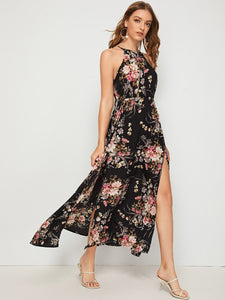 Botanical Print Tie Back High Split Halter Dress