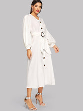 Load image into Gallery viewer, Bishop Sleeve Button Up Self Belted Dress