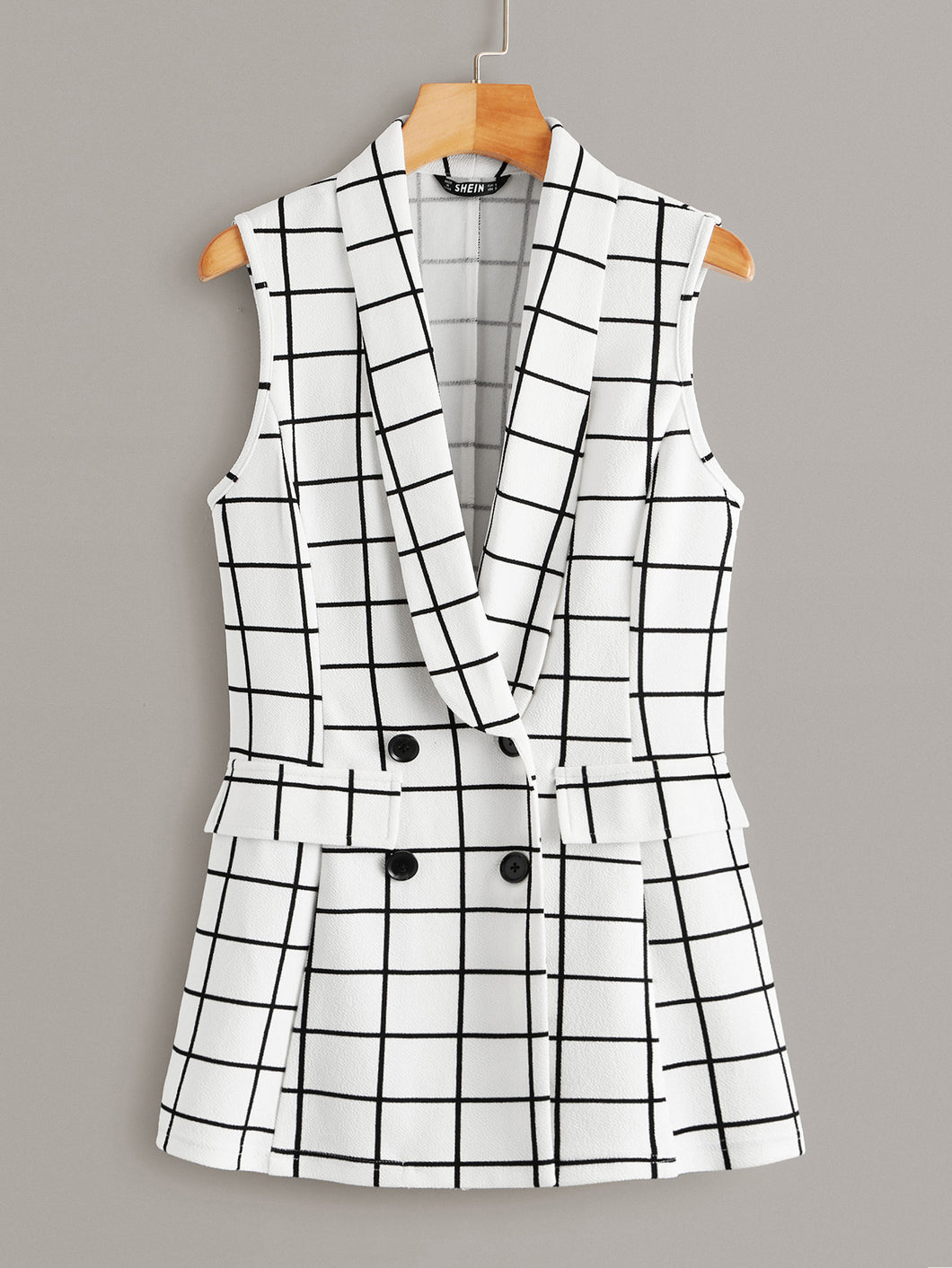 Shawl Collar Flap Detail Grid Print Blazer