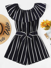 Load image into Gallery viewer, Striped Ruffle Hem Knot Romper