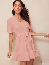 Load image into Gallery viewer, Surplice Wrap Belted Ruffle Hem Dress