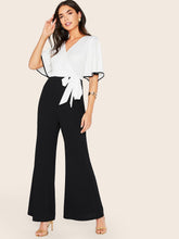 Load image into Gallery viewer, Two Tone Contrast Binding Tie Side Flare Leg Jumpsuit