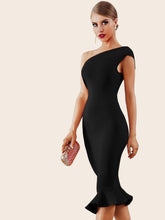 Load image into Gallery viewer, Adyce Zip Back One Shoulder Fishtail Hem Bodycon Dress