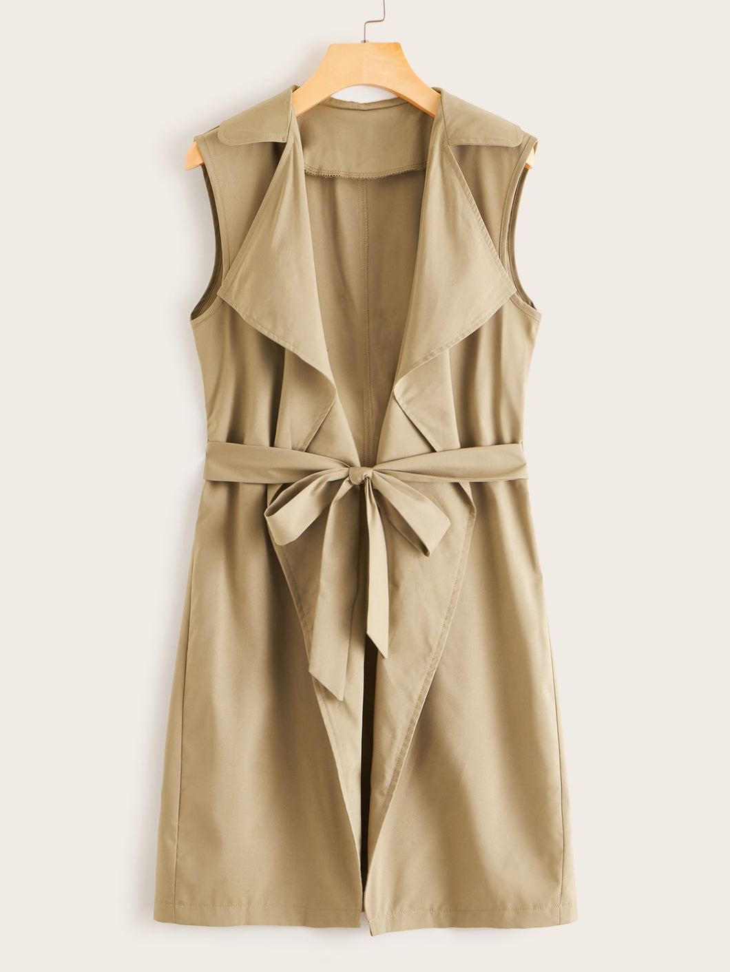 Waterfall Collar Belted Sleeveless Trench Coat