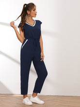 Load image into Gallery viewer, Contrast Striped Trim Drawstring Waist Jumpsuit