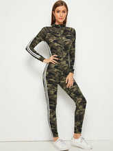 Load image into Gallery viewer, Camo Print Striped Tape Raglan Sleeve Unitard Jumpsuit