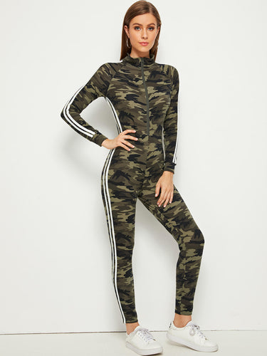 Camo Print Striped Tape Raglan Sleeve Unitard Jumpsuit