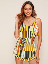 Load image into Gallery viewer, Rainbow Striped Ruffle Hem Cami Romper