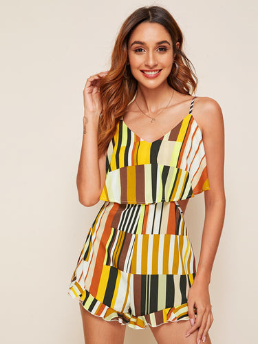 Rainbow Striped Ruffle Hem Cami Romper