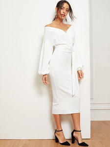 Blouson Sleeve Surplice Wrap Split Hem Dress