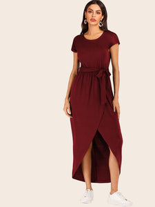 Belted Tulip Hem Solid Wrap Dress