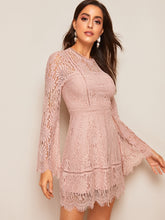 Load image into Gallery viewer, Trumpet Sleeve Floral Lace Overlay Dress