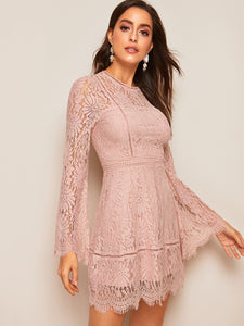 Trumpet Sleeve Floral Lace Overlay Dress