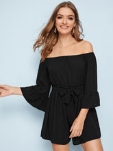 Load image into Gallery viewer, Off Shoulder Flounce Sleeve Belted Romper