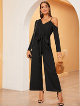 Load image into Gallery viewer, Asymmetrical Neck Wide Leg Belted Jumpsuit