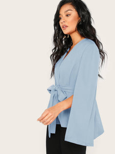 Surplice Neck Tie Waist Cape Coat