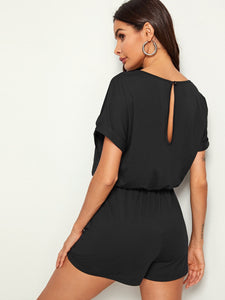 Drawstring Waist Rolled Sleeve Romper