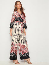 Load image into Gallery viewer, Botanical Print Surplice Neck Bell Sleeve Wide Leg Jumpsuit