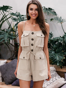 Simplee Button Front Drawstring Waist Utility Cami Romper