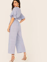 Load image into Gallery viewer, Ruffle Cuff Self Belted Wide Leg Striped Jumpsuit