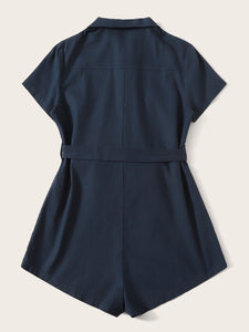 Solid Button Front Belted Utility Romper