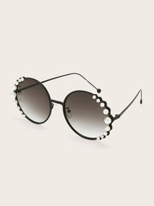 Faux Pearl Decor Round Frame Sunglasses