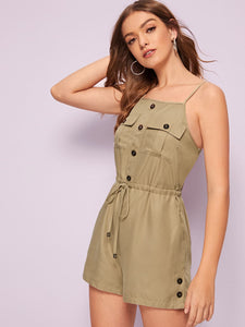 Drawstring Waist Flap Pocket Cami Romper