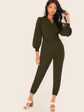 Load image into Gallery viewer, V-neck Shirred Cuff O-ring Belted Jumpsuit