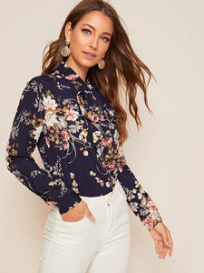 Botanical Print Tie Neck Top