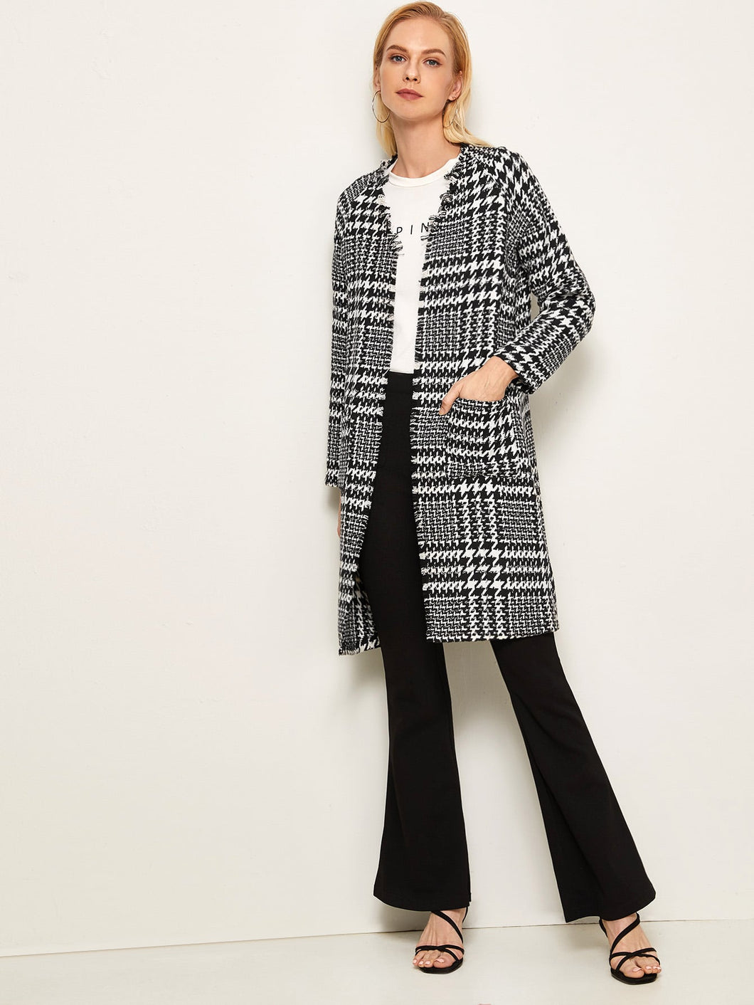 Open Front Raw Trim Houndstooth Coat