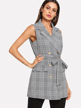 Load image into Gallery viewer, Double Button Belted Plaid Vest Blazer