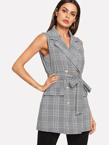 Double Button Belted Plaid Vest Blazer