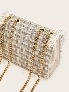 Faux Pearl Decor Tweed Chain Bag