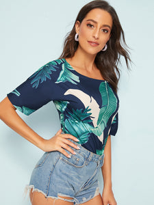 Asymmetrical Neck Tie Shoulder Plants Print Top