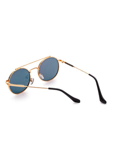 Blue Flat Lens Double Bridge Round Sunglasses