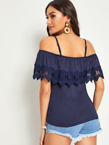 Cold Shoulder Guipure Lace Trim Top