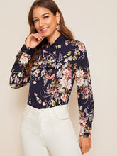 Load image into Gallery viewer, Botanical Print Tie Neck Top