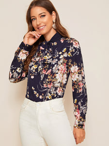 Botanical Print Tie Neck Top