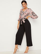 Load image into Gallery viewer, Colorblock Tie Front Ruffle Sleeve Floral Jumpsuit