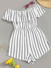 Load image into Gallery viewer, Off Shoulder Flounce Trim Striped Romper