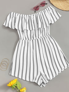 Off Shoulder Flounce Trim Striped Romper