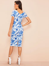 Load image into Gallery viewer, 60s V-Cut Split Back Floral Pencil Dress