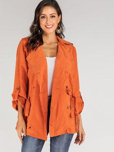 Neon Orange Waterfall Collar Double Button Belted Coat