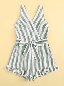 Surplice Neck Ruffle Hem Belted Striped Romper