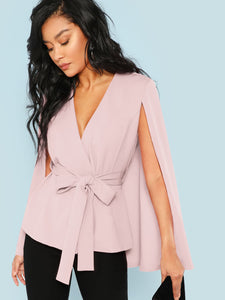 Surplice Neck Tie Waist Cape Coat