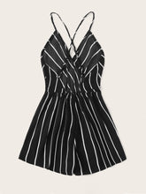 Load image into Gallery viewer, Striped Criss-cross Backless Surplice Neck Romper