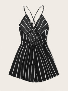 Striped Criss-cross Backless Surplice Neck Romper