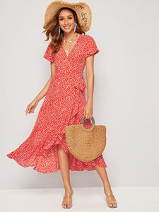 Allover Print Flutter Sleeve Tie Side Wrap Dress