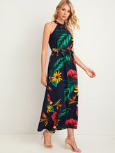 Load image into Gallery viewer, Floral Print Tie Back Belted Maxi Dress