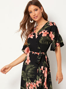 Botanical Print Ruffle Cuff Tie Side Wrap Dress